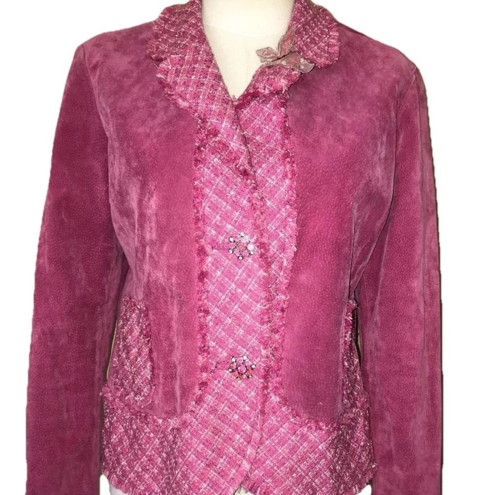 Wilson's Pink Suede Leather Tweed Fringe Jewel Front Button Jacket